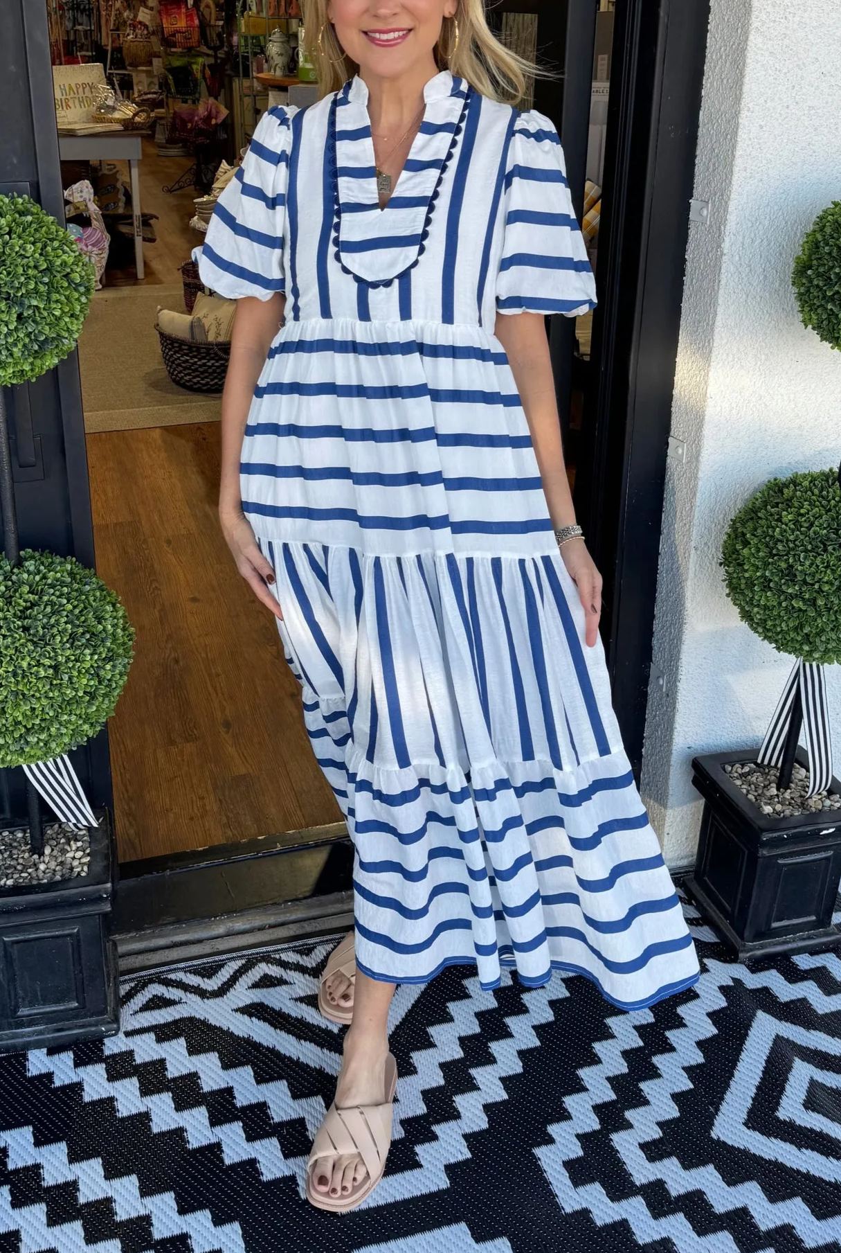 Women's Striped V-neck Dress with Puffy Sleeves（Buy 2 Free Shipping)