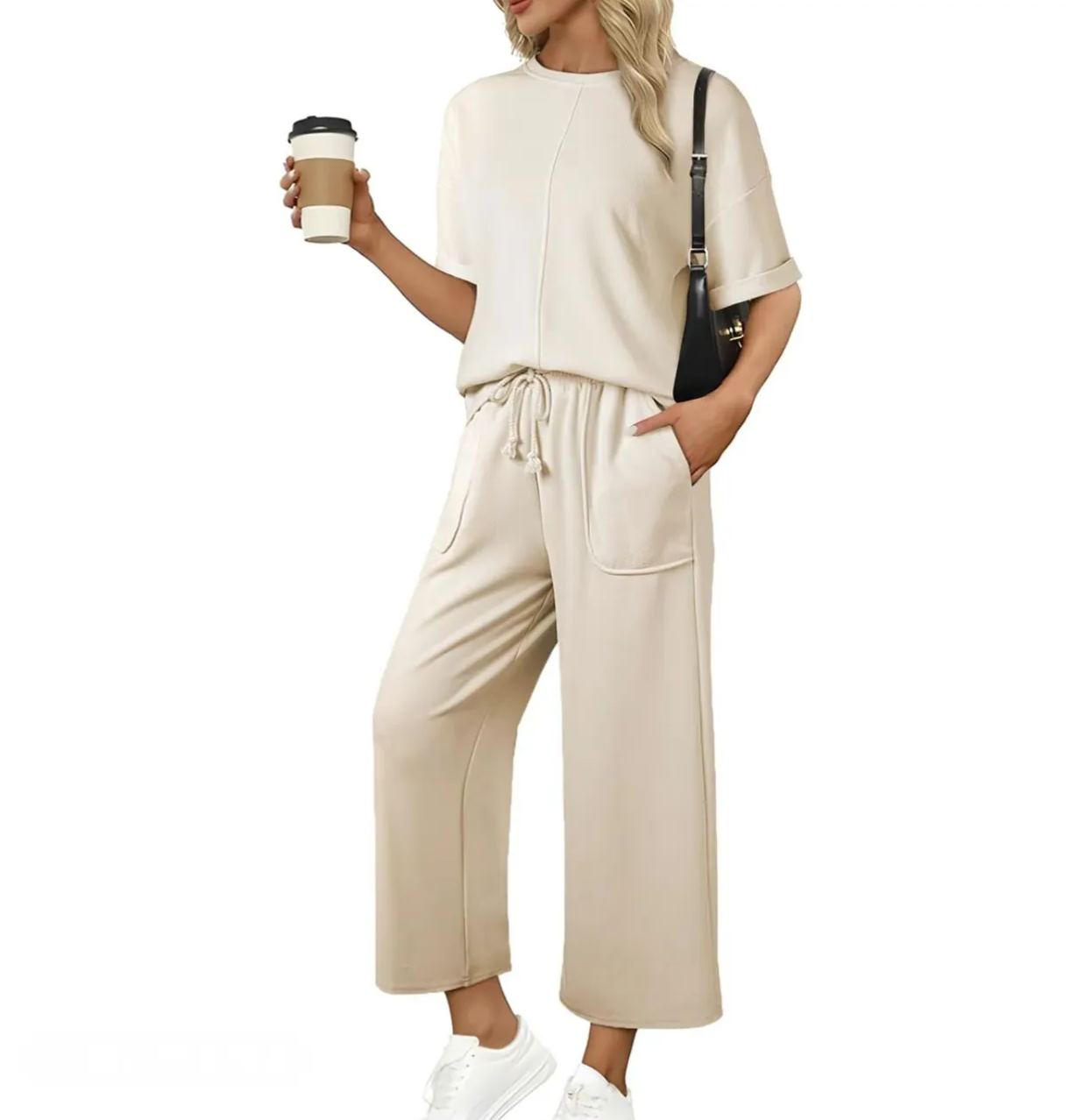 Women's 2-Piece Lounge Set – Oversized Tee & Wide-Leg Pants