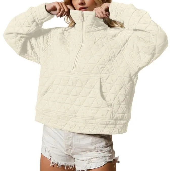 Women's Quilted Puffer Jacket Half-Zip Pullover Sweatshirt Long Sleeve Lightweight Fall Casual Oversize Warm Outerwear(BUY 2 FREE SHIPPING)