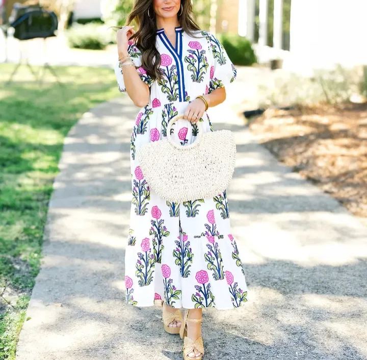 Womens Dresses Floral Puff Short Sleeve V Neck High Waist Maxi Dress with Pockets（Buy 2 Free Shipping）