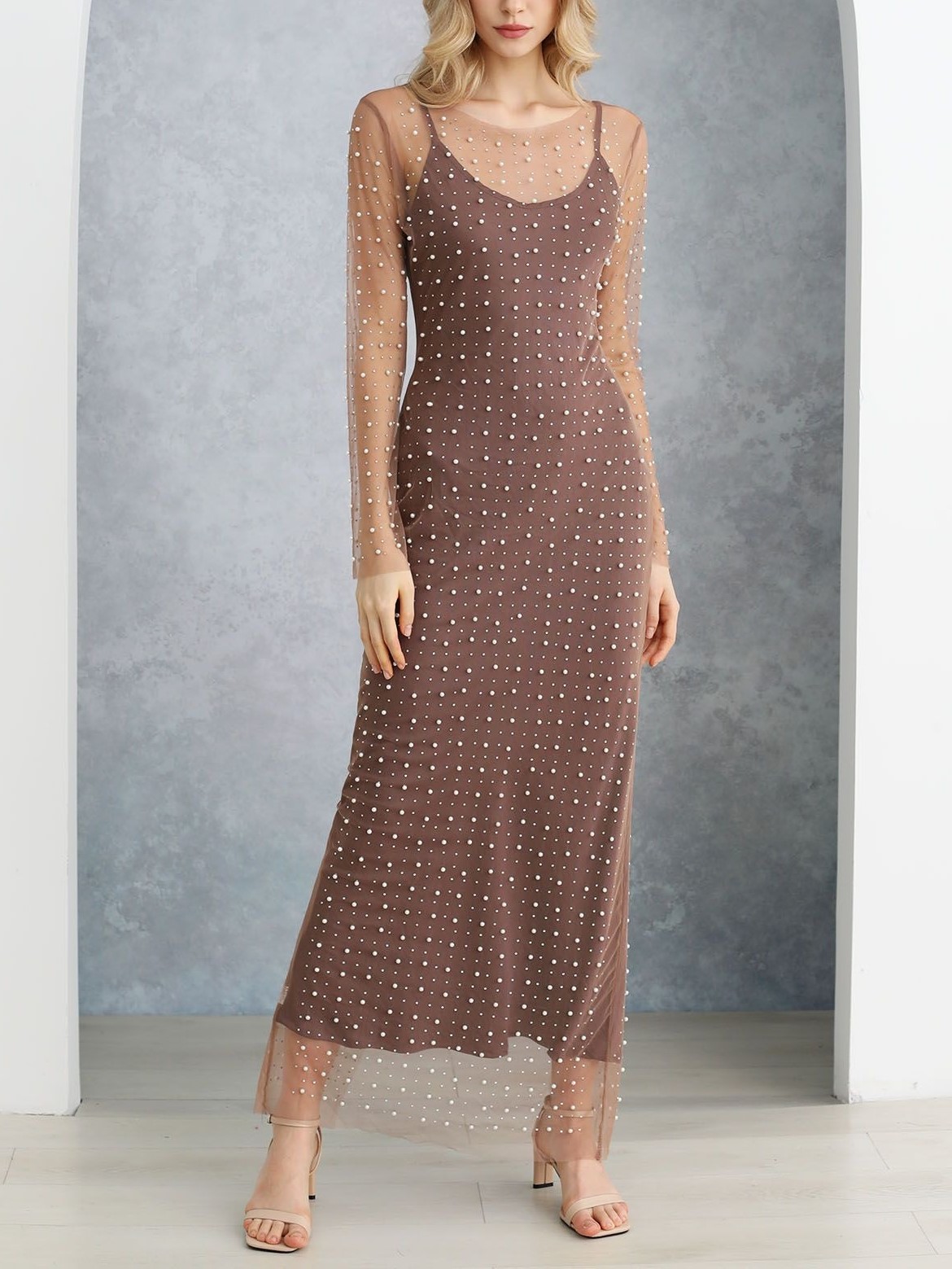 Full Pearl Sheer Mesh Cover-Up Maxi Dress (Buy 2 Free Shipping)