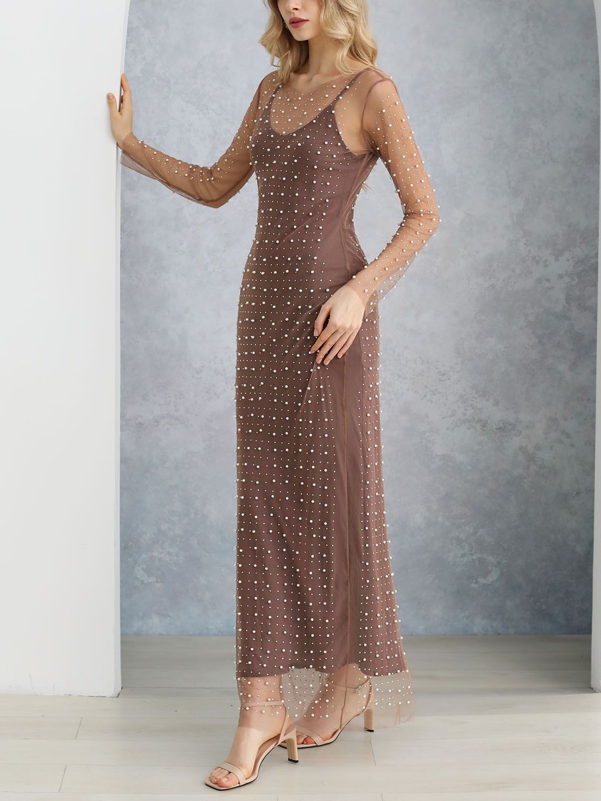 Full Pearl Sheer Mesh Cover-Up Maxi Dress (Buy 2 Free Shipping)