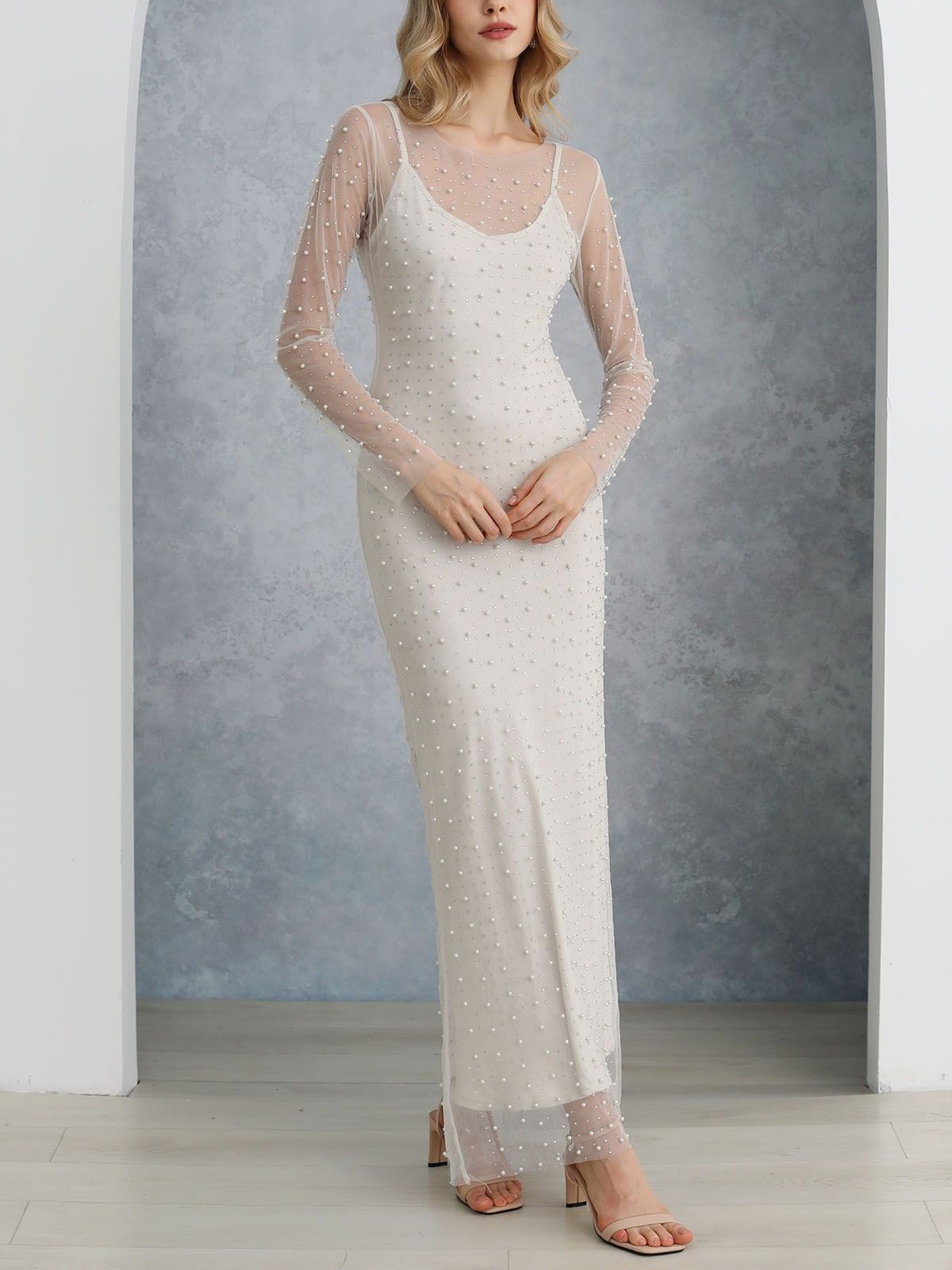 Full Pearl Sheer Mesh Cover-Up Maxi Dress (Buy 2 Free Shipping)