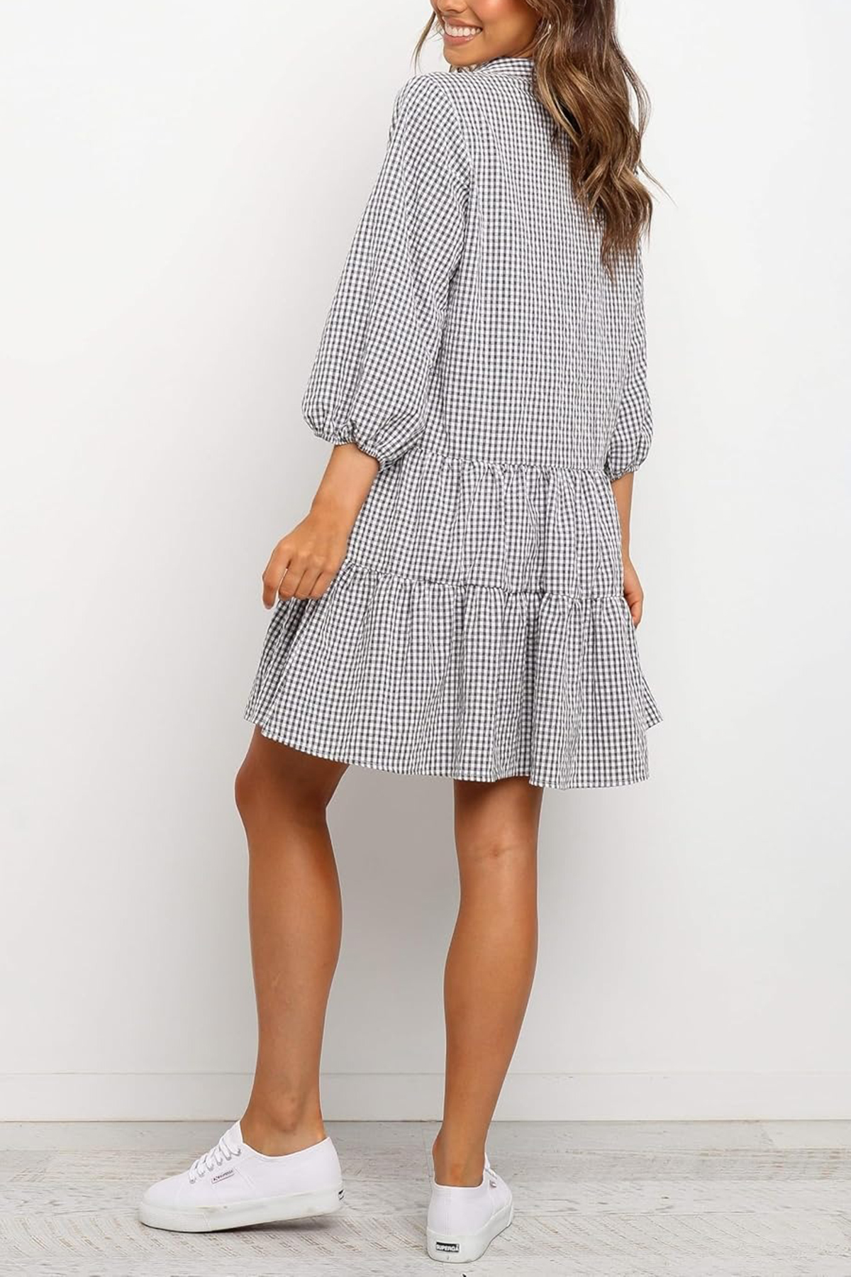 Women's Plaid Shirt Dress 3/4 Puff Sleeve Button Down Midi Dress(BUY 2 FREE SHIPPING)