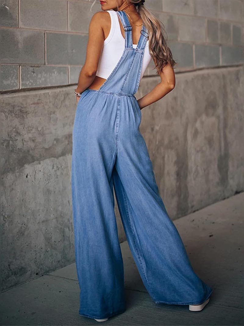 Women Casual Jumpsuits Adjustable Straps Oversized Denim Overall Wide Leg Rompers with Pockets(buy 2 free shipping)
