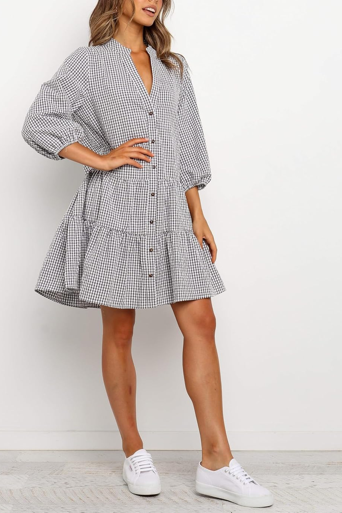 Women's Plaid Shirt Dress 3/4 Puff Sleeve Button Down Midi Dress(BUY 2 FREE SHIPPING)