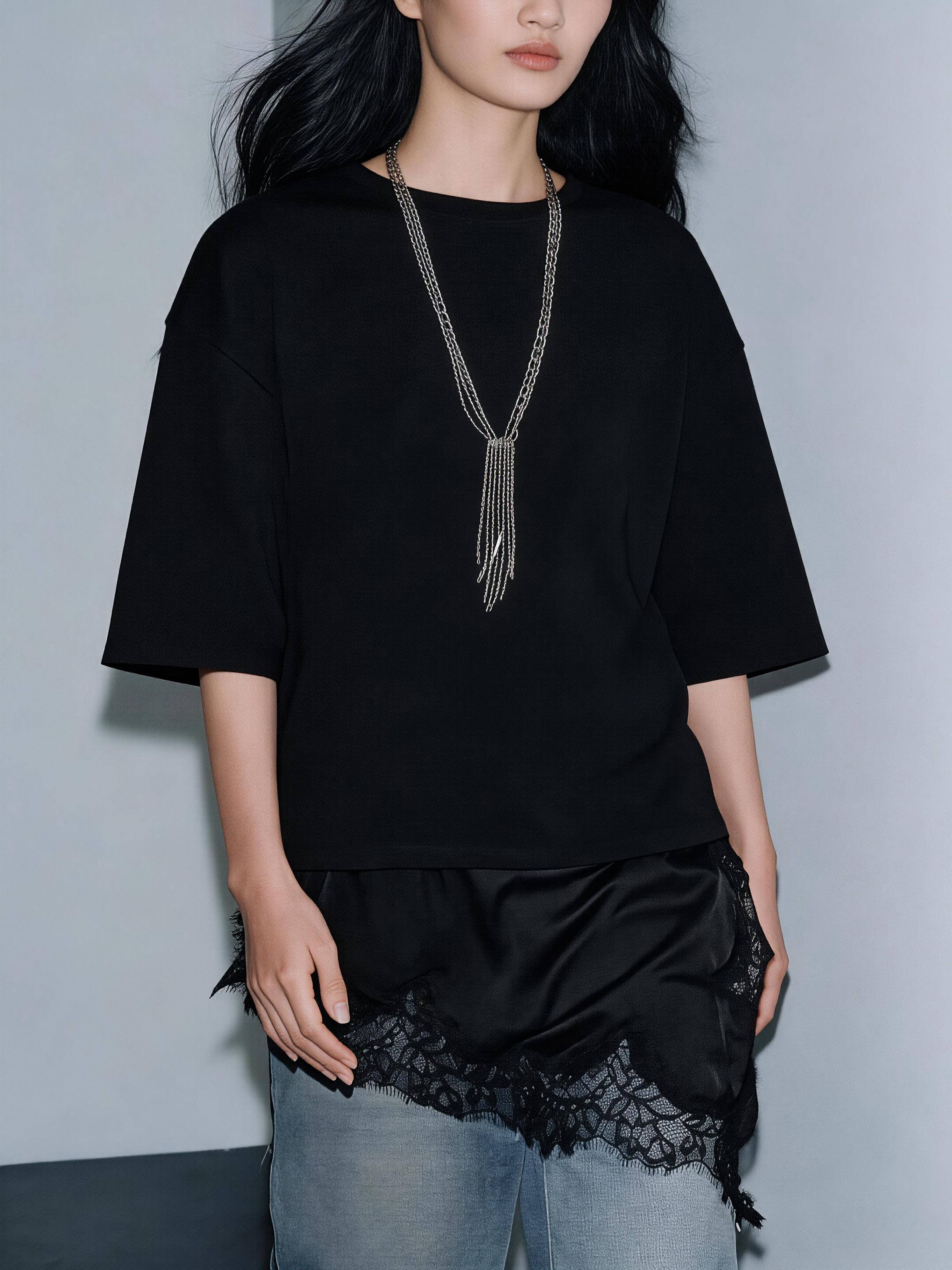 Stylish Round Neck Short-sleeved Patchwork Lace Hem Loose T-shirt