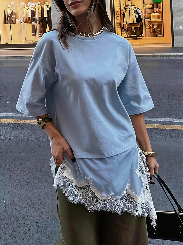 Stylish Round Neck Short-sleeved Patchwork Lace Hem Loose T-shirt