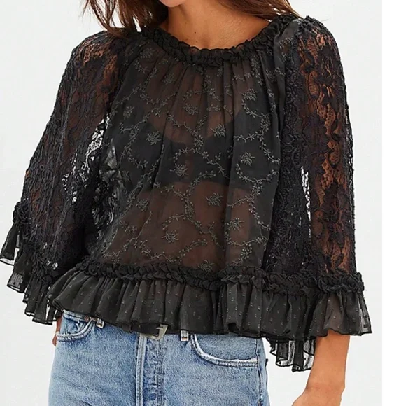 Boho Floral Semi Sheer Loose Fit Ruffle Hem Blouse