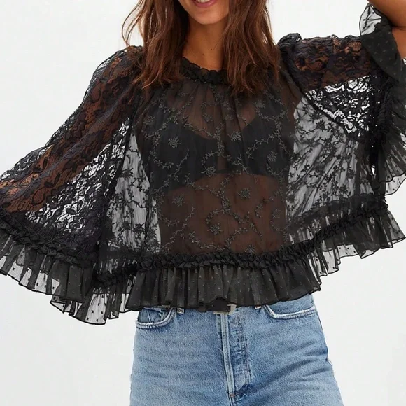 Boho Floral Semi Sheer Loose Fit Ruffle Hem Blouse