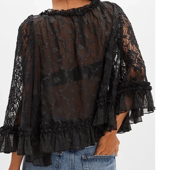 Boho Floral Semi Sheer Loose Fit Ruffle Hem Blouse