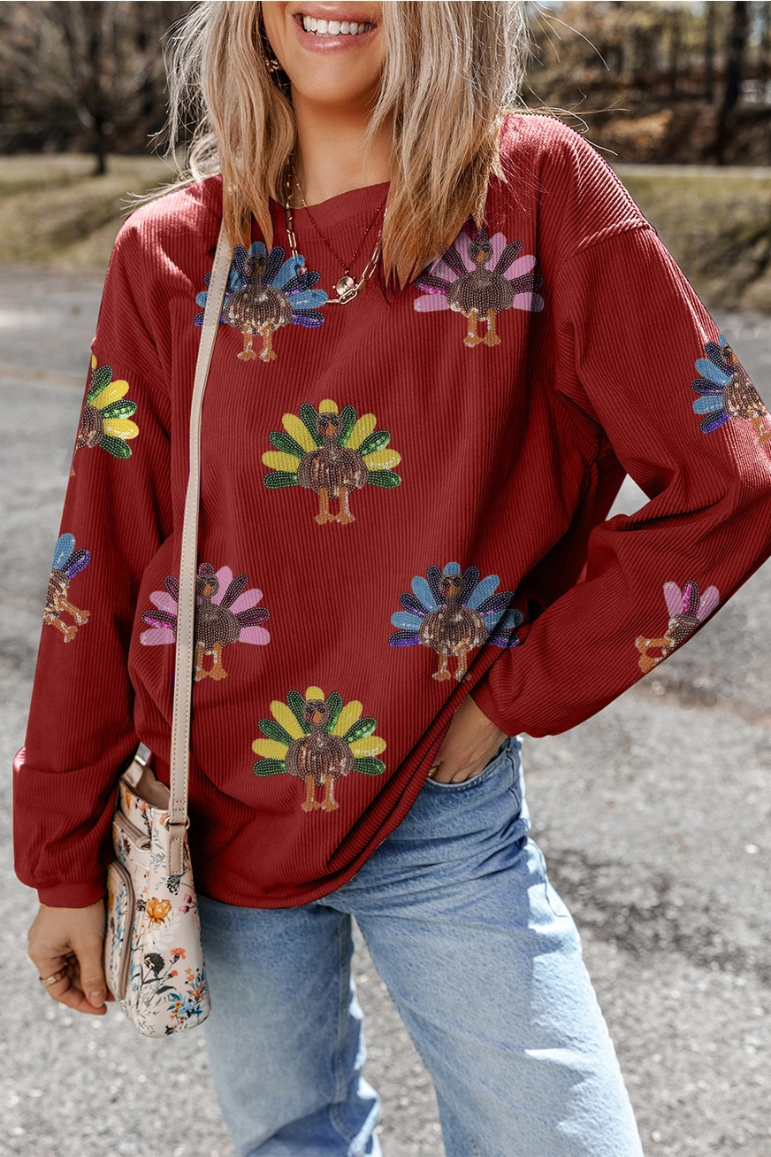 Women's Sequin Turkey Patch Thanksgiving Corduroy Sweatshirt (Buy 2 Free Shipping)