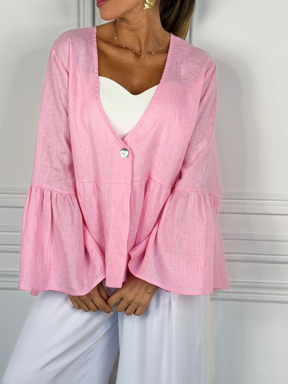 Women's French Style V-Neck Oversized Linen Blouse（buy 2 free shipping）