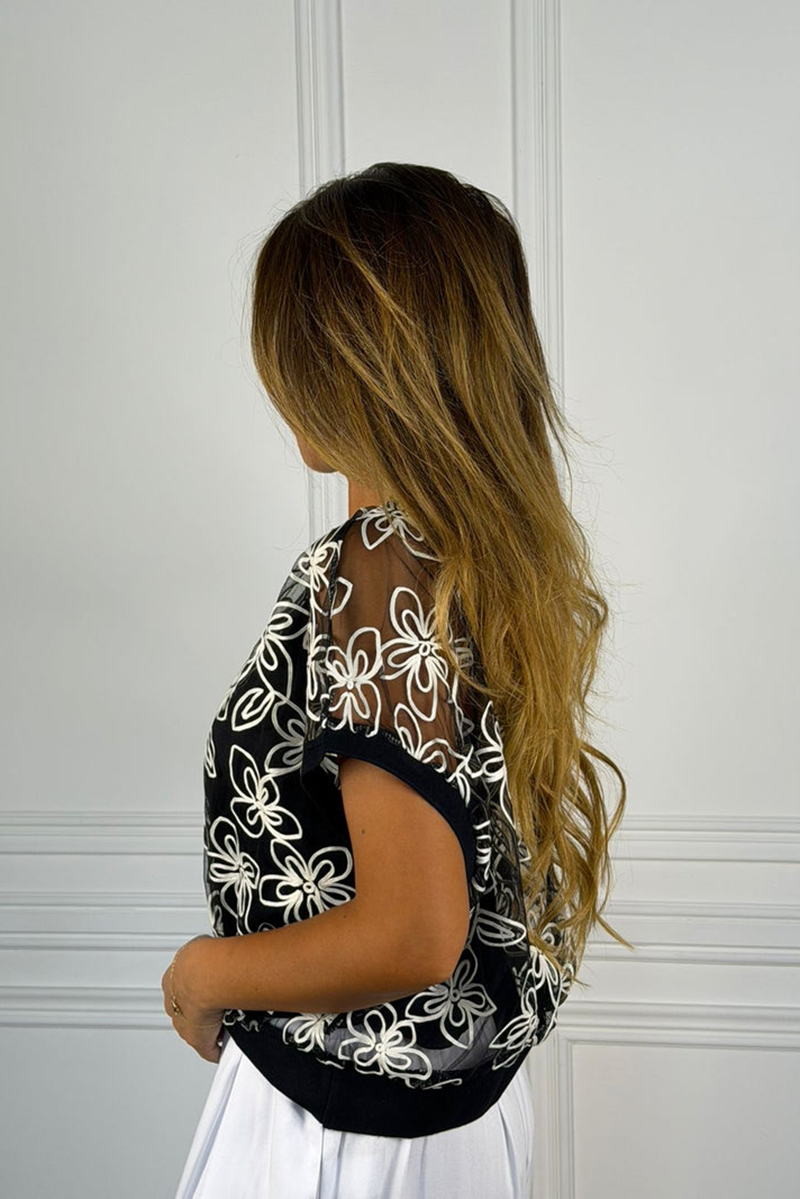 Embroidered round neck floral top (including vest)