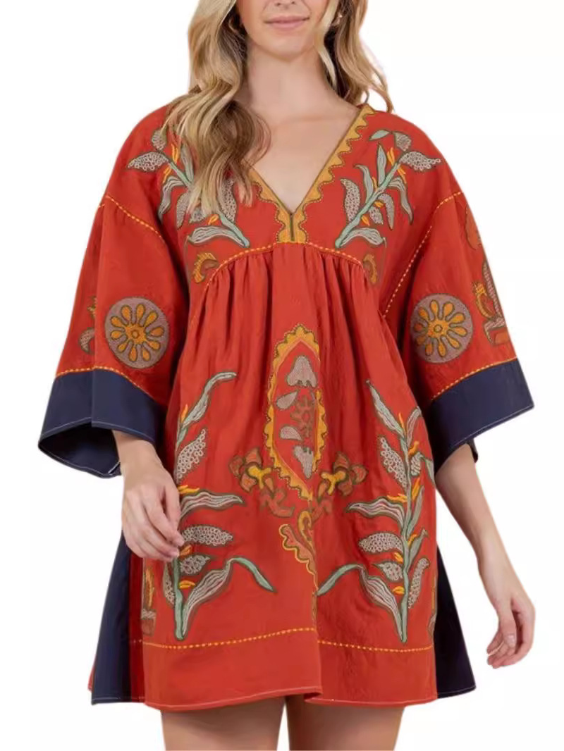 Women's Boho Embroidered V-Neck Mini Dress(BUY 2 FREE SHIPPING)