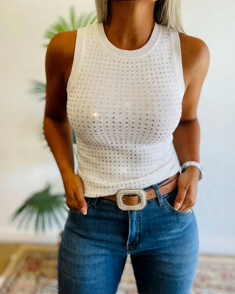 Rhinestone Decor O-neck Sleeveless Tee Slim Fit Ribbed Tank Top（BUY 2 FREE SHIPPING)