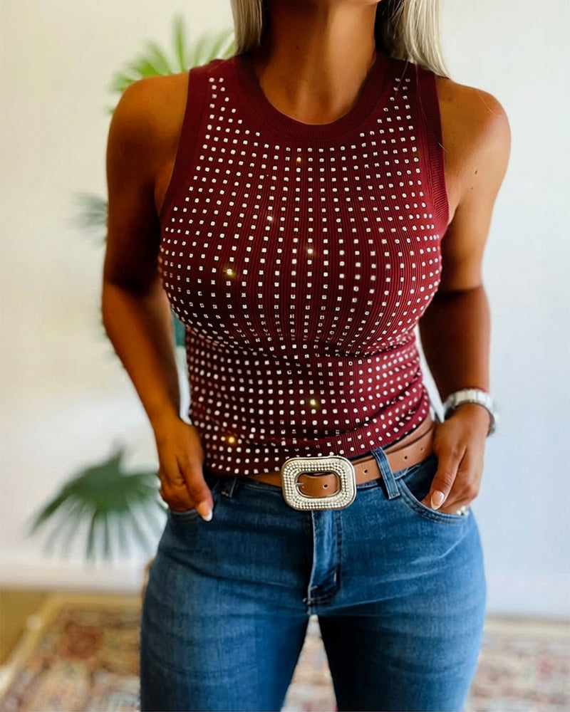 Rhinestone Decor O-neck Sleeveless Tee Slim Fit Ribbed Tank Top（BUY 2 FREE SHIPPING)