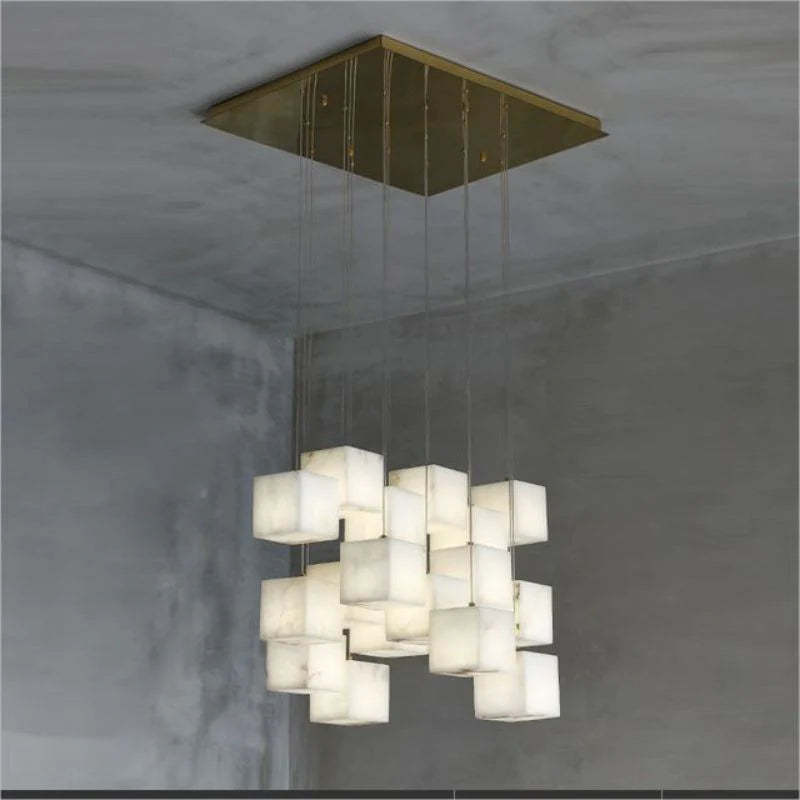 Prisca Alabaster Cubic Round Pendant For Dining Table, Staircase