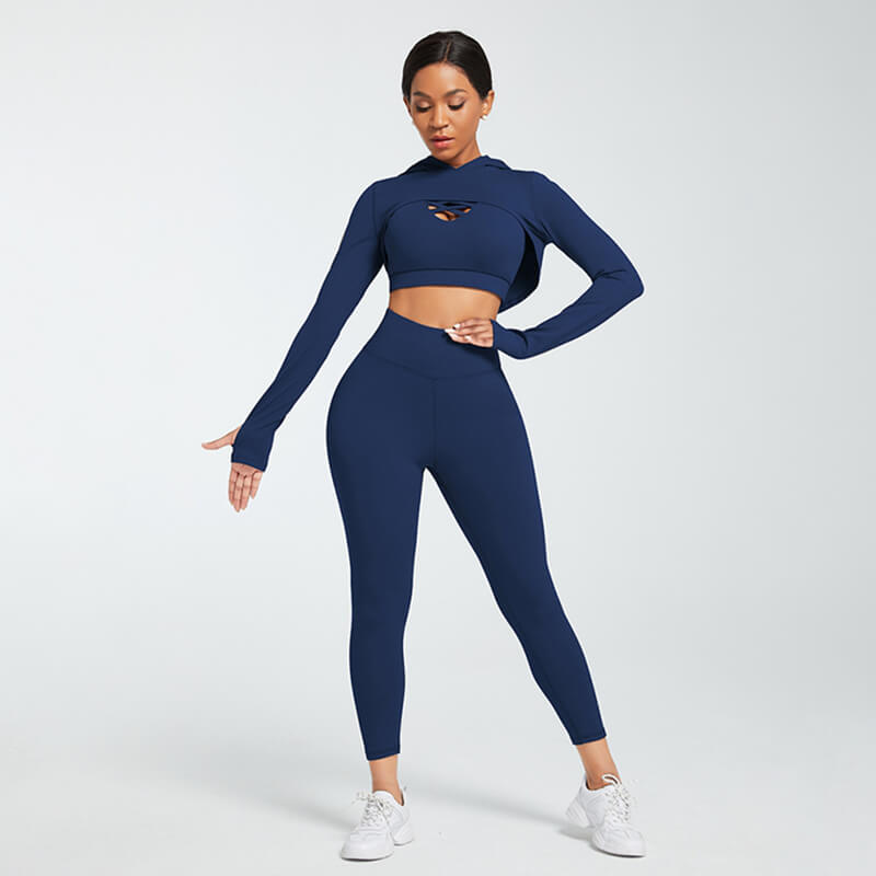 Workout Fitness Long Sleeve Shrug Trousers Crop Tops Suit(3PCS)