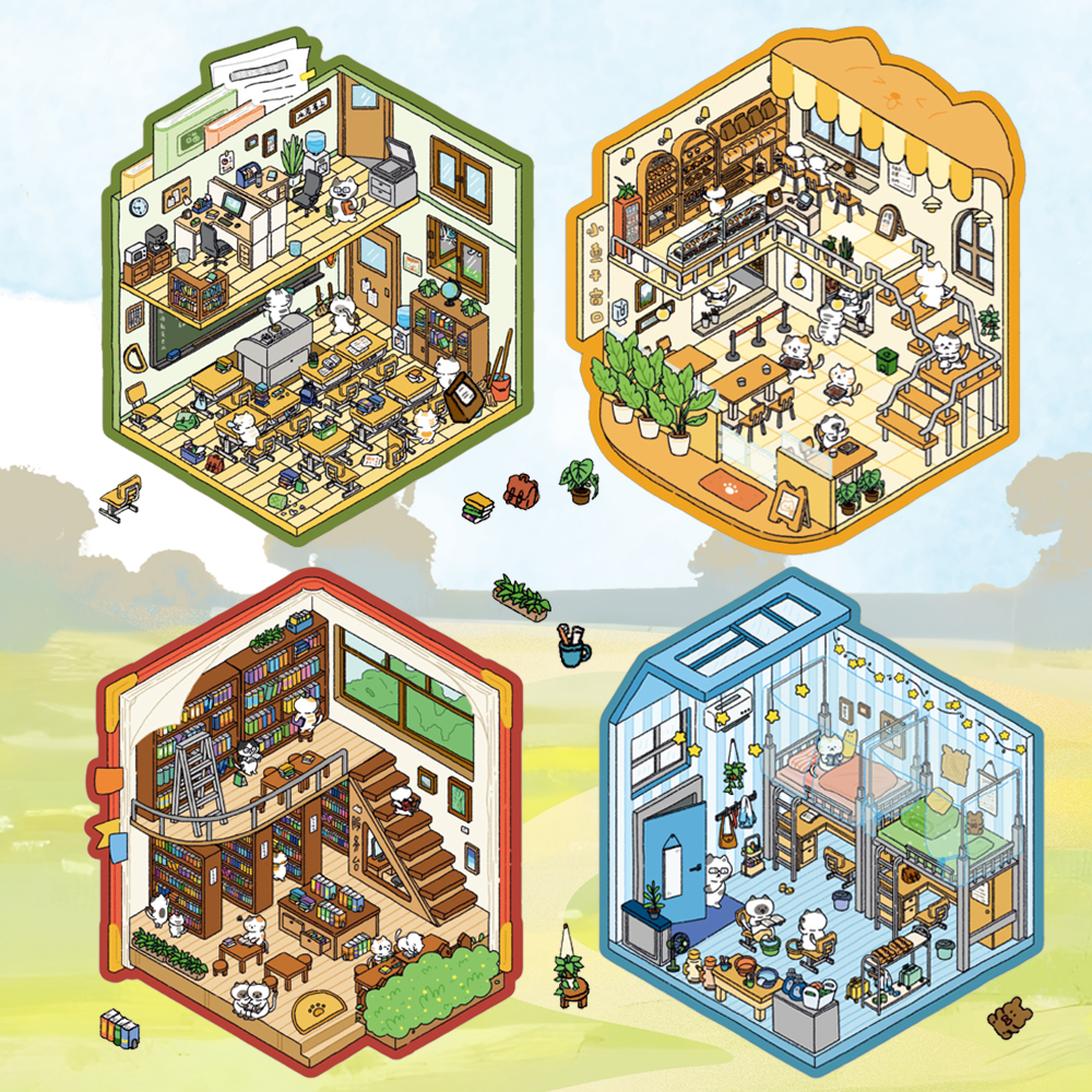 Cat Academy DIY 3D Sticker Collection - 4 Cute Miniature Scenes