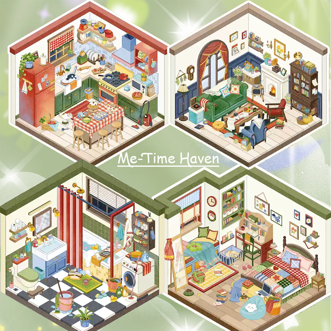 Me-Time Haven DIY 3D Sticker Collection - 4 Cute Miniature Scenes