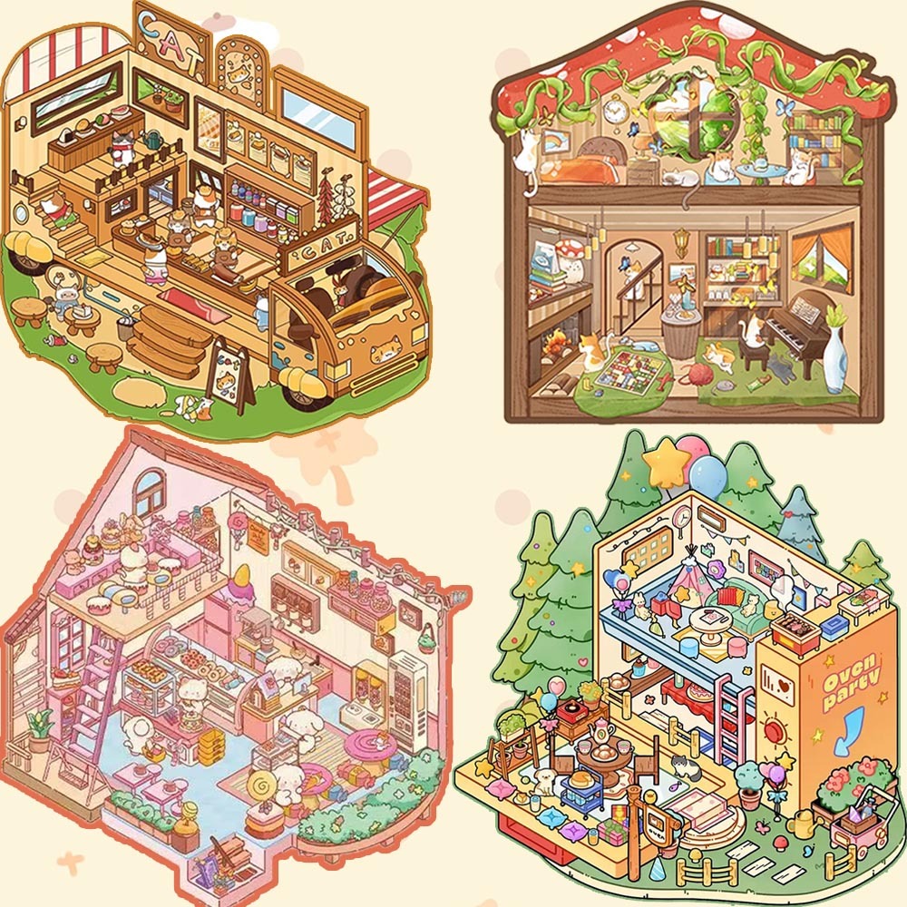 Tiny Critter Town DIY 3D Sticker Collection -4 Cute Miniature Scenes