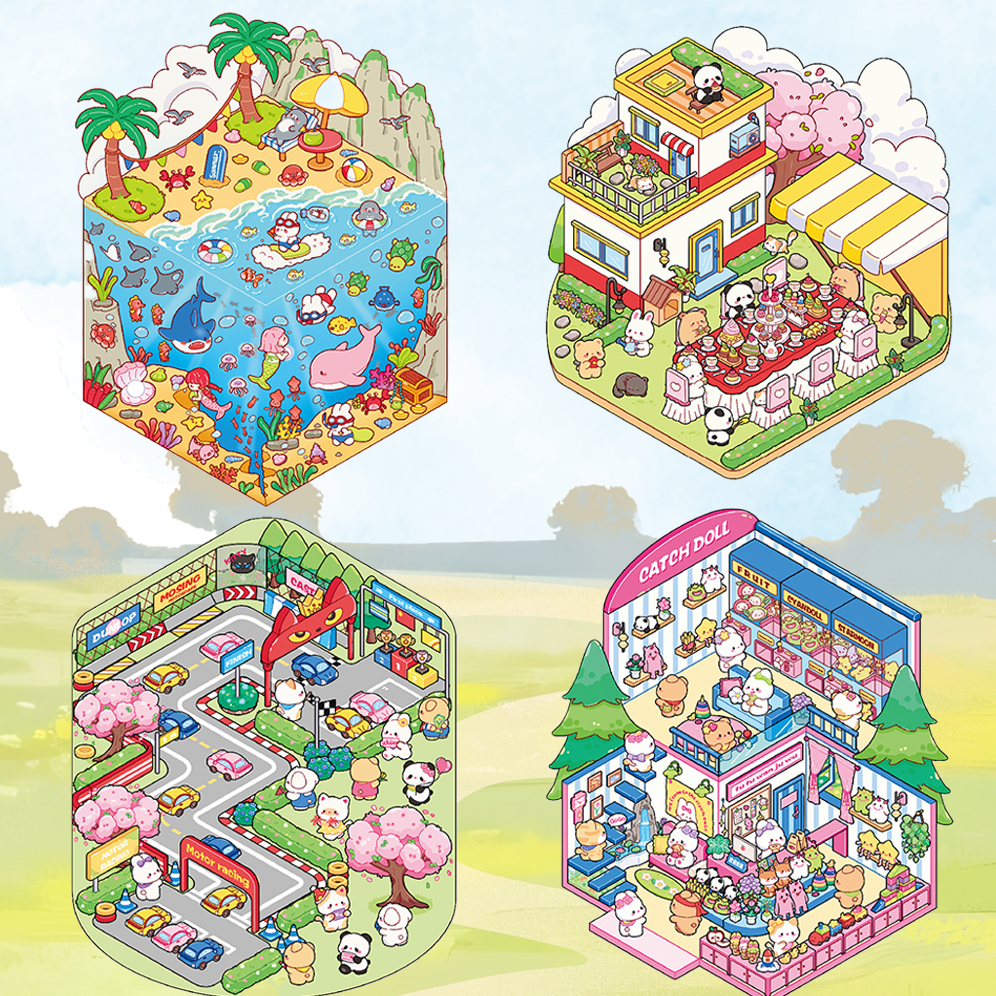 Animal Party DIY 3D Sticker Collection - 4 Cute Miniature Scenes