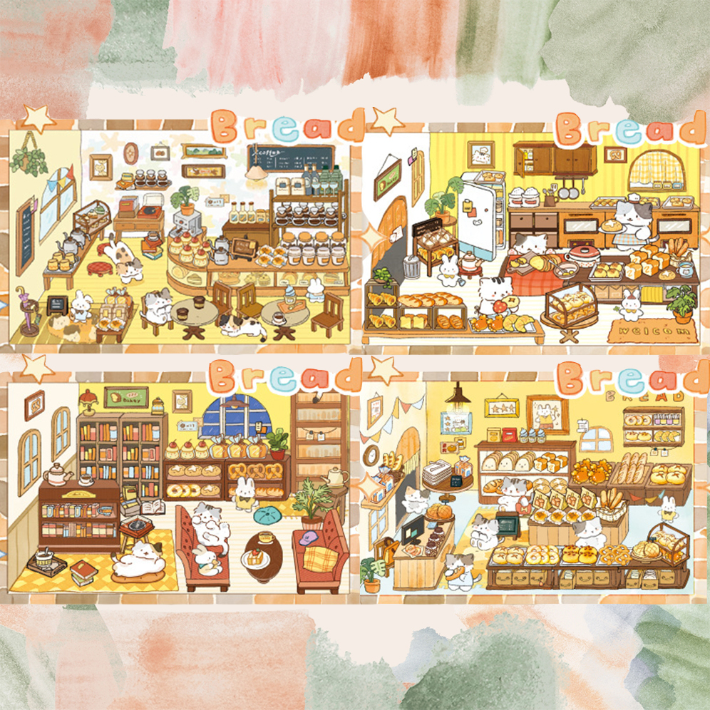 Kitty Bakery Workshop DIY 3D Sticker Collection - 4 Cute Miniature Scenes
