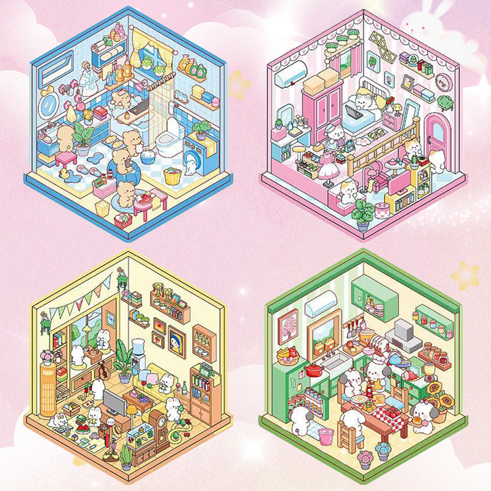Life series DIY 3D Sticker Collection - 4 Cute Miniature Scenes