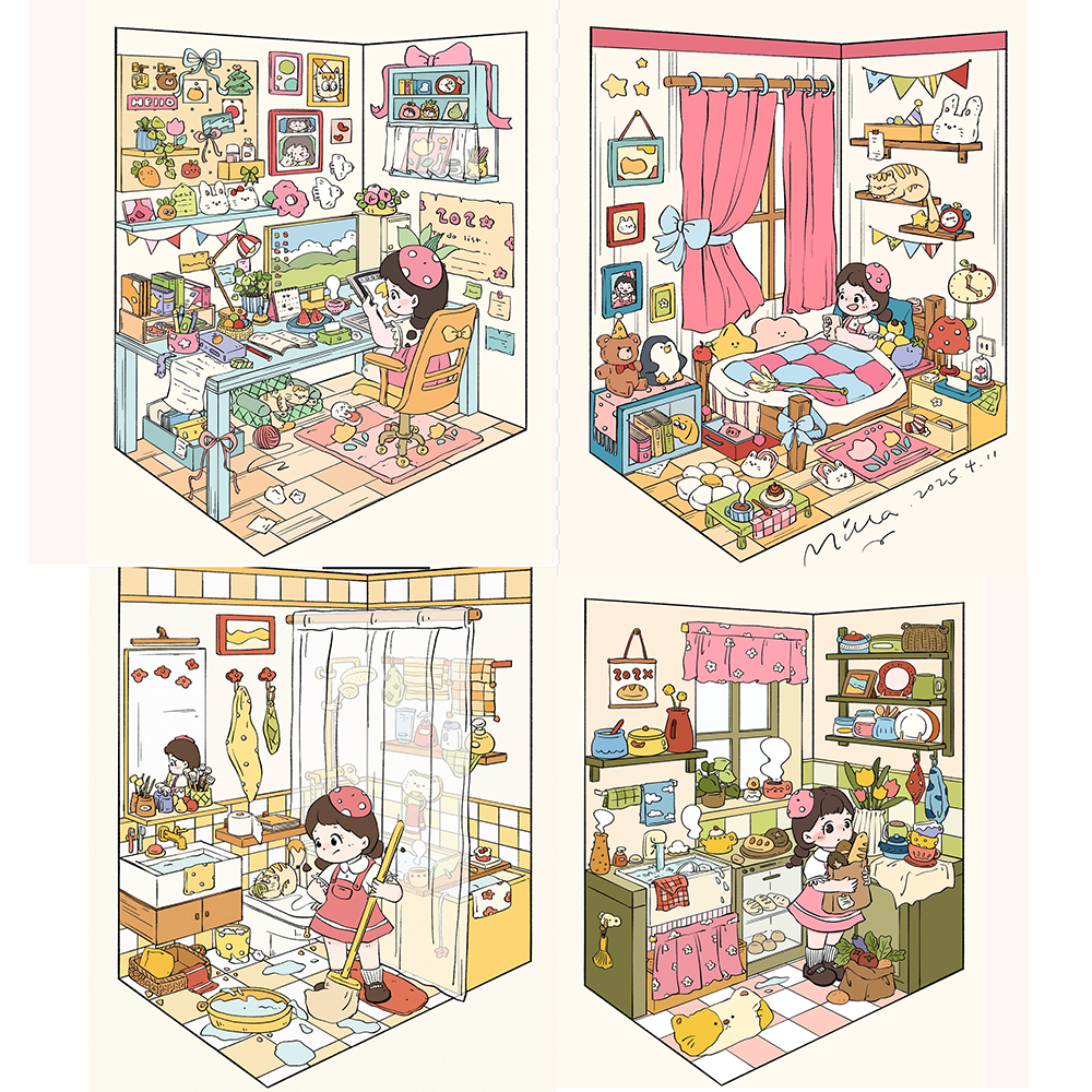 Little Girl DIY 3D Sticker Collection - 4 Cute Miniature Scenes