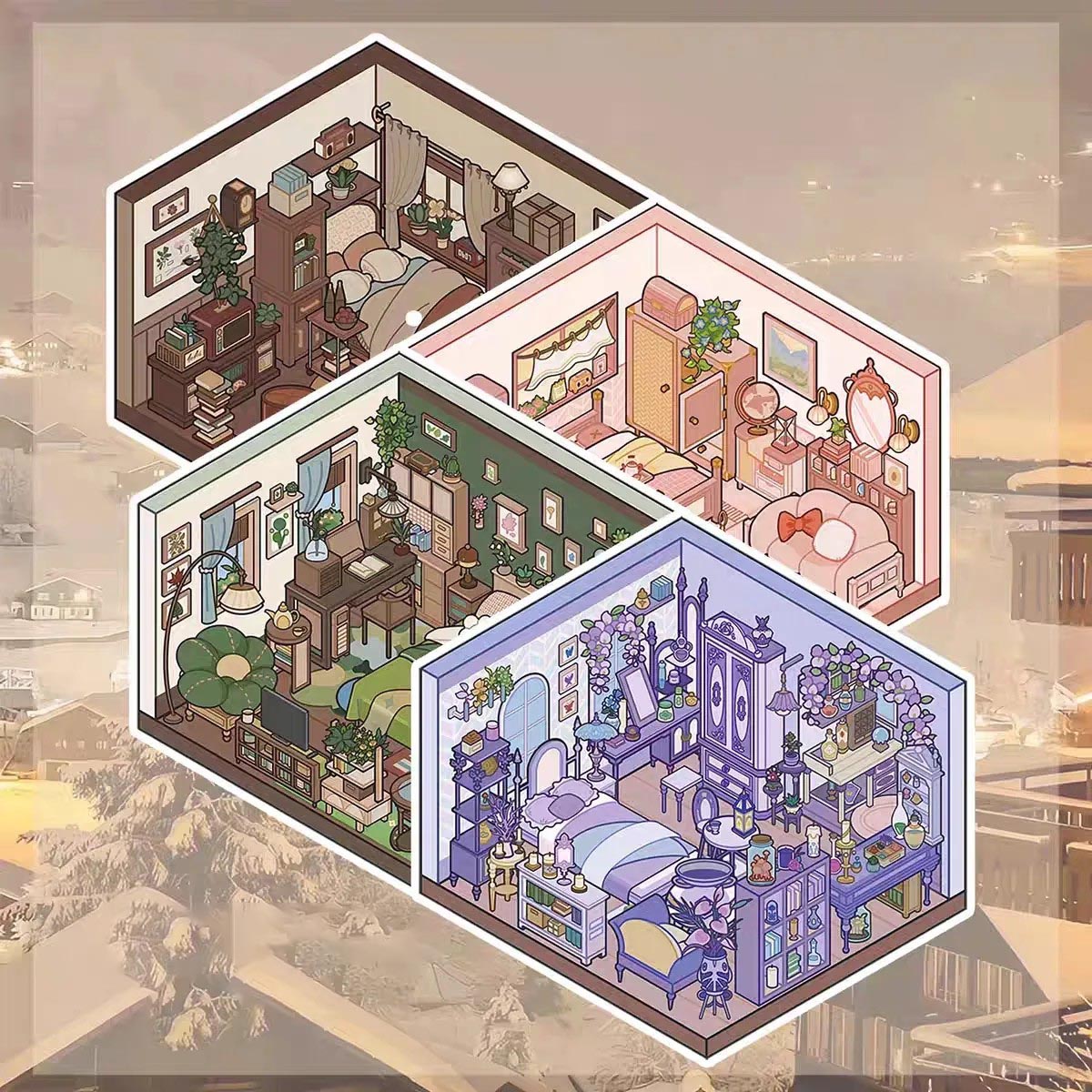 Cozy Warmth DIY 3D Sticker Collection - 4 Cute Miniature Scenes