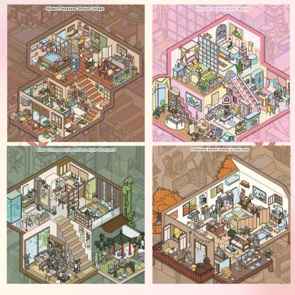 Cottage Series DIY 3D Sticker Collection - 4 Cute Miniature Scenes