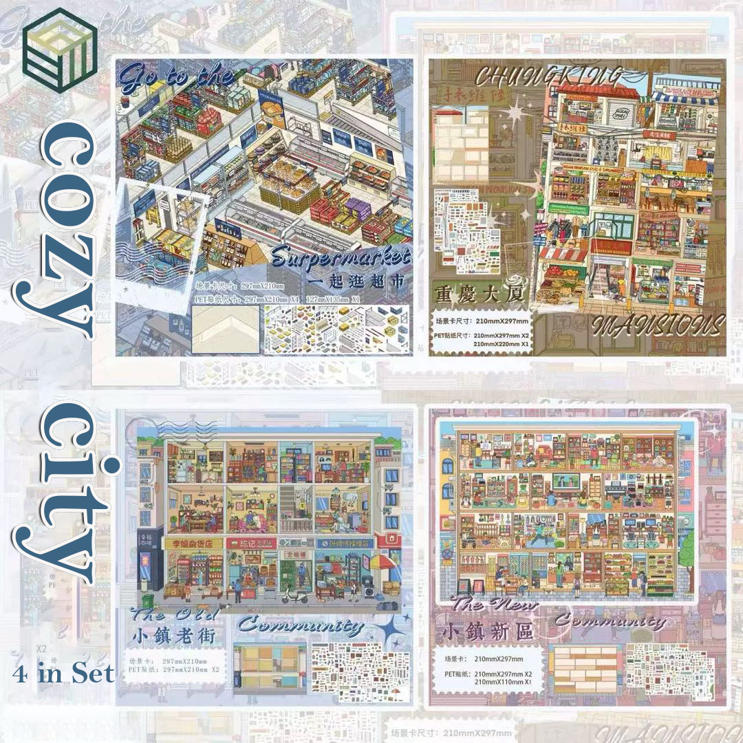 Cozy City DIY 3D Scene Stickers - 4 Cute Miniature Scenes