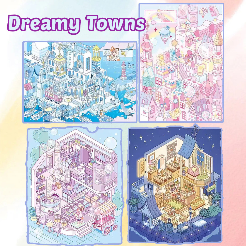 Dreamy Towns DIY 3D Sticker Collection -4 Cute Miniature Scenes