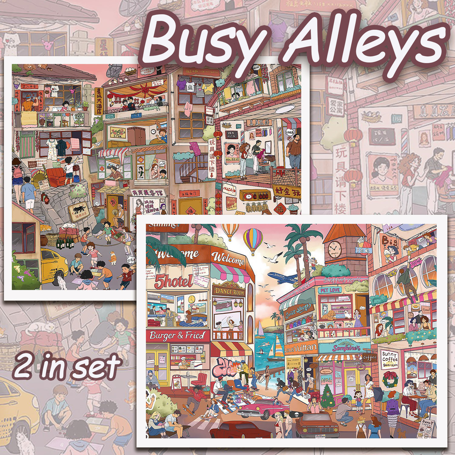 Busy Alleys 3D Sticker Collection - 2 Cute Miniature Scenes