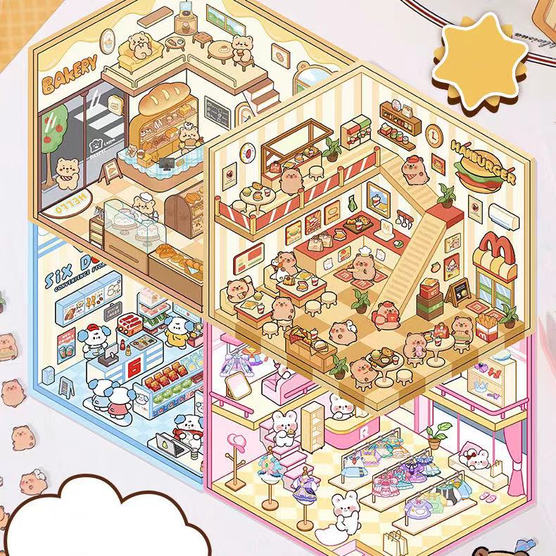 Cute Animals Shop DIY 3D Scene Stickers 4 Cute Miniature Scenes