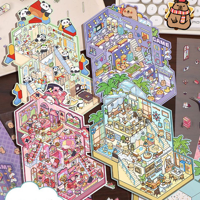 Playing Game DIY 3D Scene Stickers - 4 Cute Miniature Scenes