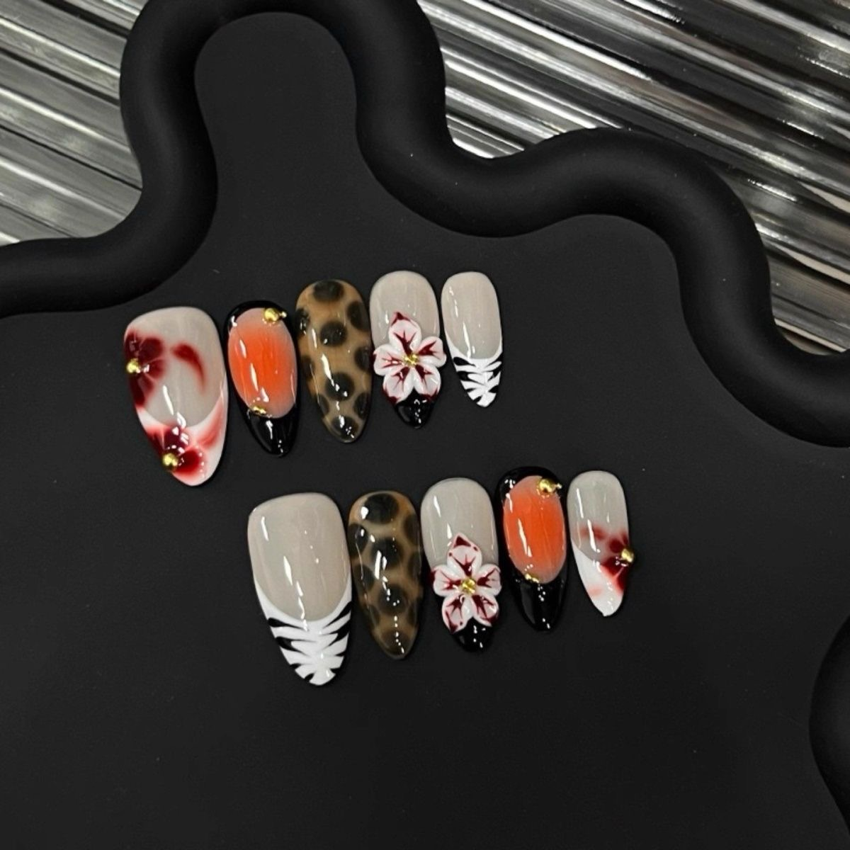 Sweet-Cool Leopard Print Press-On Nails with Gradient French Tips – Handmade Nails
