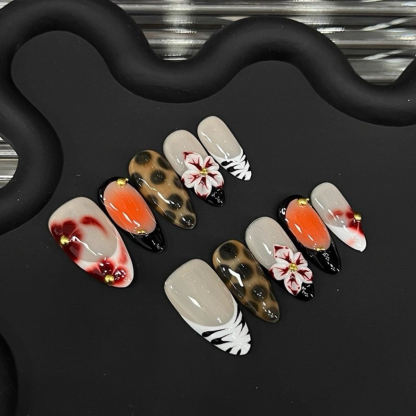 Sweet-Cool Leopard Print Press-On Nails with Gradient French Tips – Handmade Nails