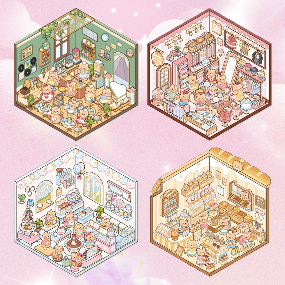 The Creamy Bear's Sweet Block DIY 3D Sticker Collection - 4 Cute Miniature Scenes
