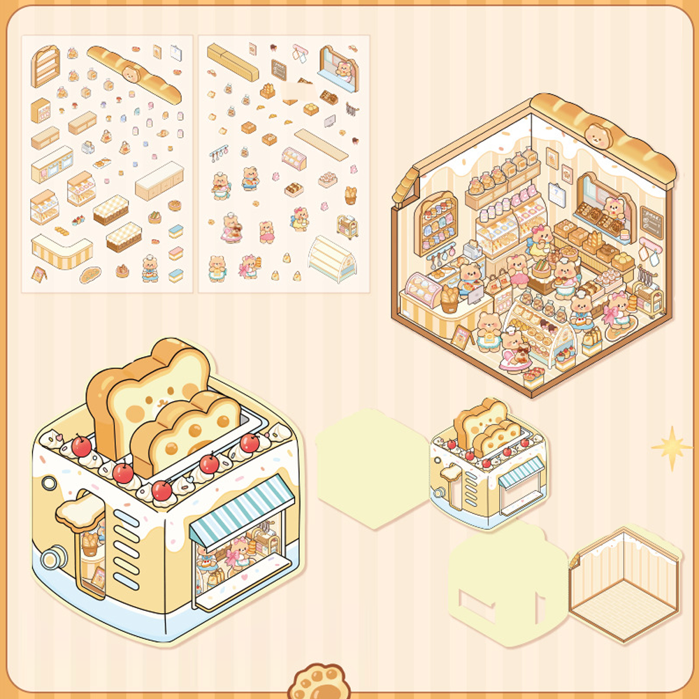 The Creamy Bear's Sweet Block DIY 3D Sticker Collection - 4 Cute Miniature Scenes