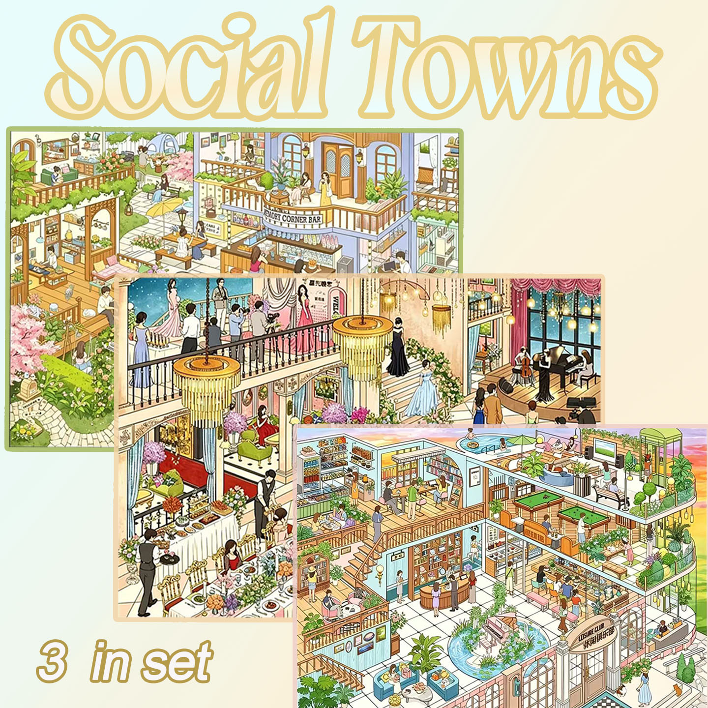 Social Towns DIY 3D Scene Stickers Collection - 3 Cute Miniature Scenes