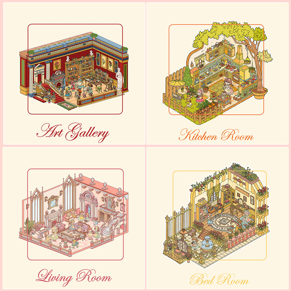 Princess-Themed Room DIY 3D Sticker Collection - 4 Cute Miniature Scenes