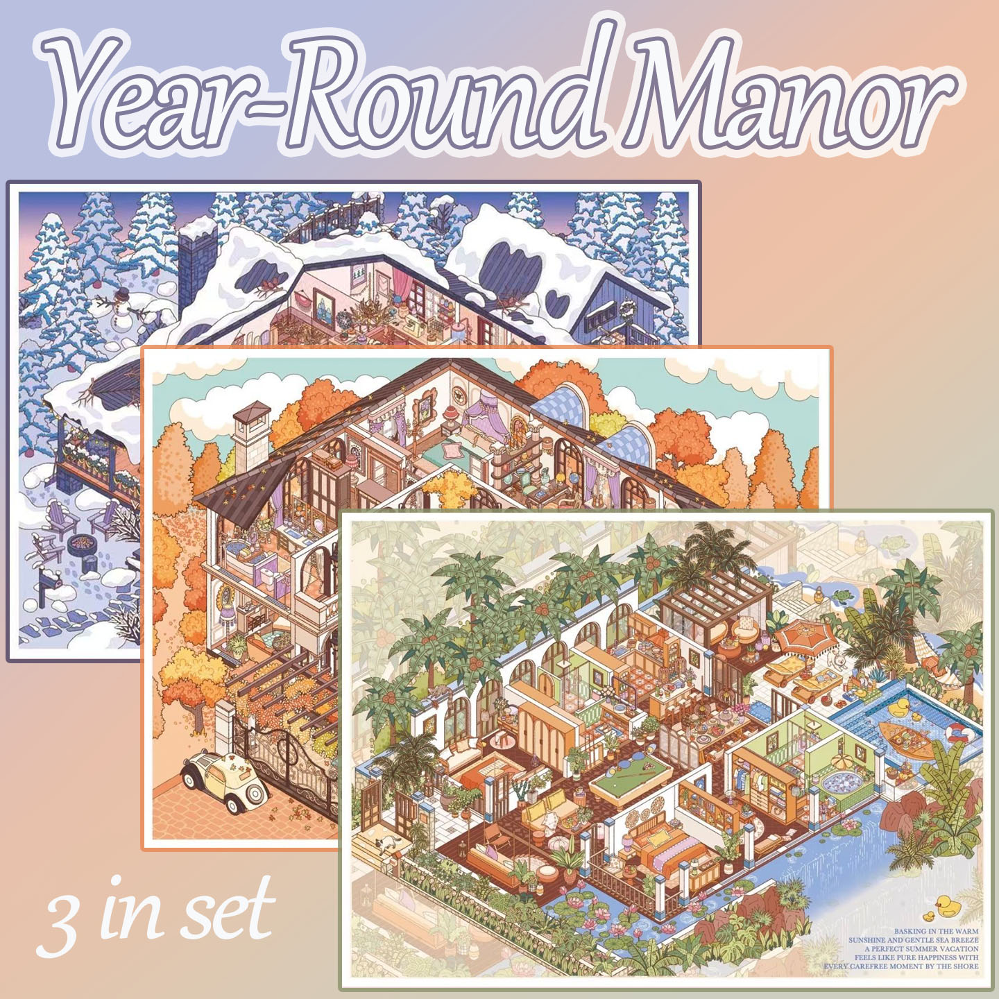 Year‑Round Manor DIY 3D Scene Stickers Collection - 3 Cute Miniature Scenes