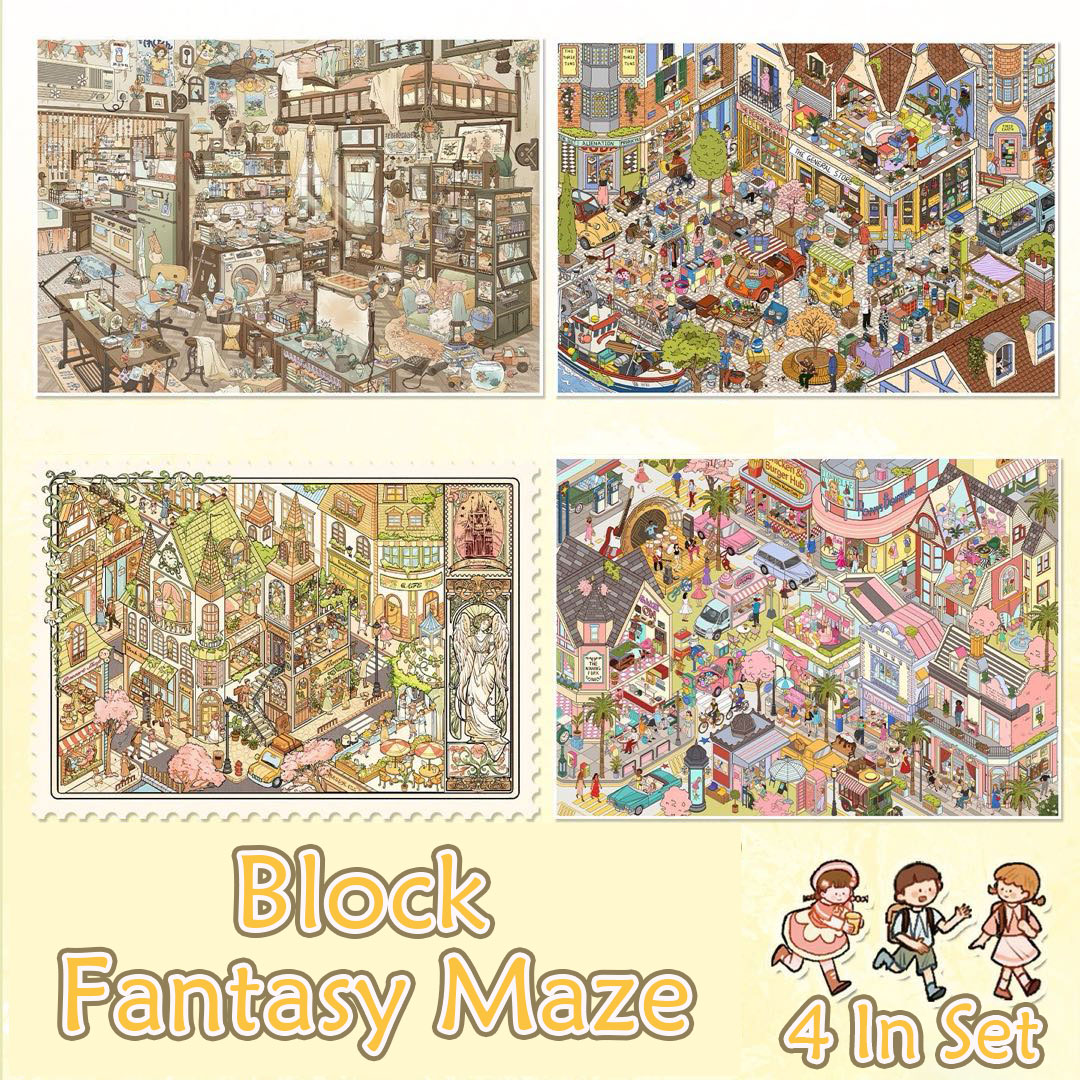 Block Fantasy Maze DIY 3D Scene Stickers Collection - 4 Cute Miniature Scenes