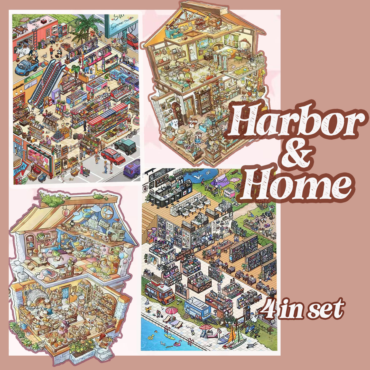 Harbor&Home DIY 3D Scene Stickers Collection - 4 Cute Miniature Scenes
