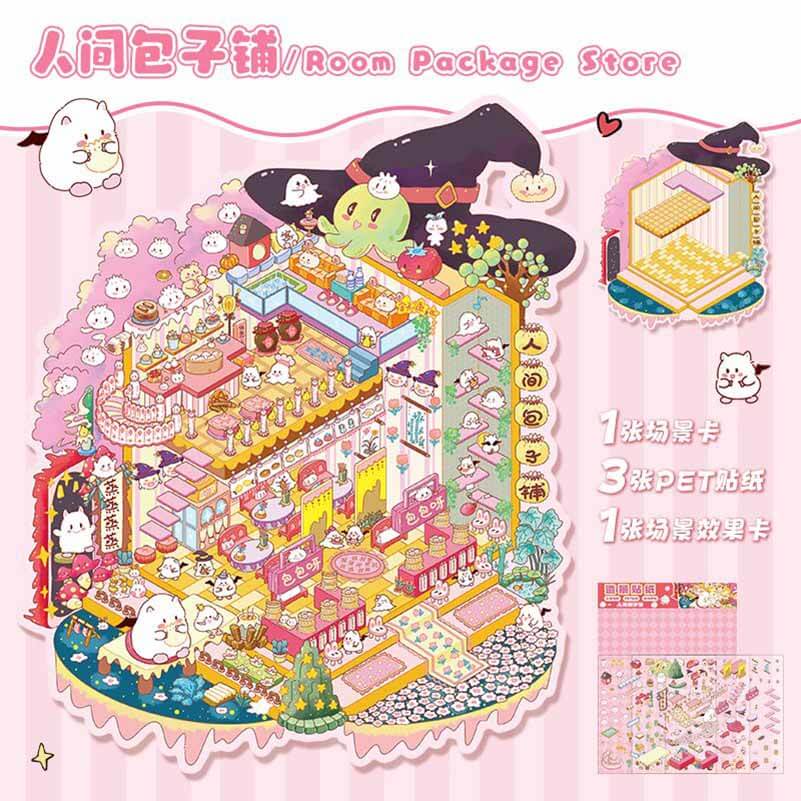 Springtime Bear Cottage DIY 3D Scene Stickers 3 Lovely Miniature Scenes