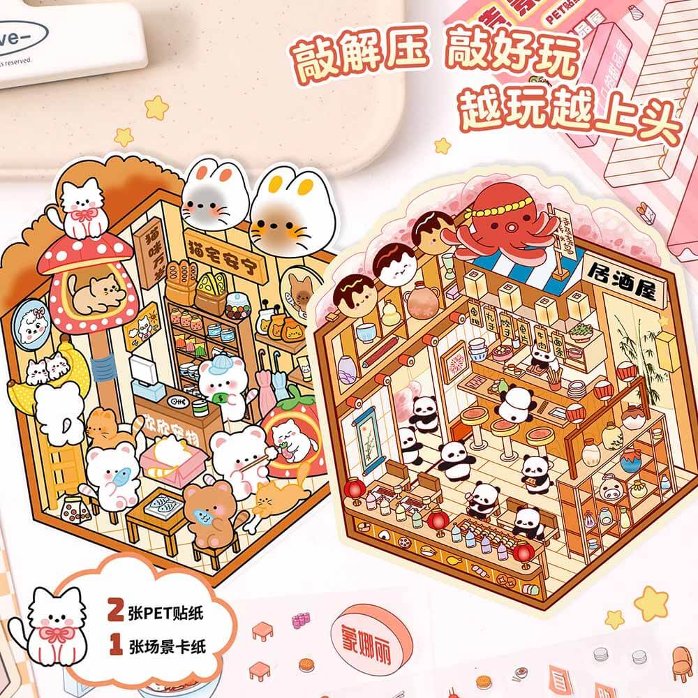 Furry Friends Tycoon DIY 3D Scene Stickers 4 Cute Miniature Scenes