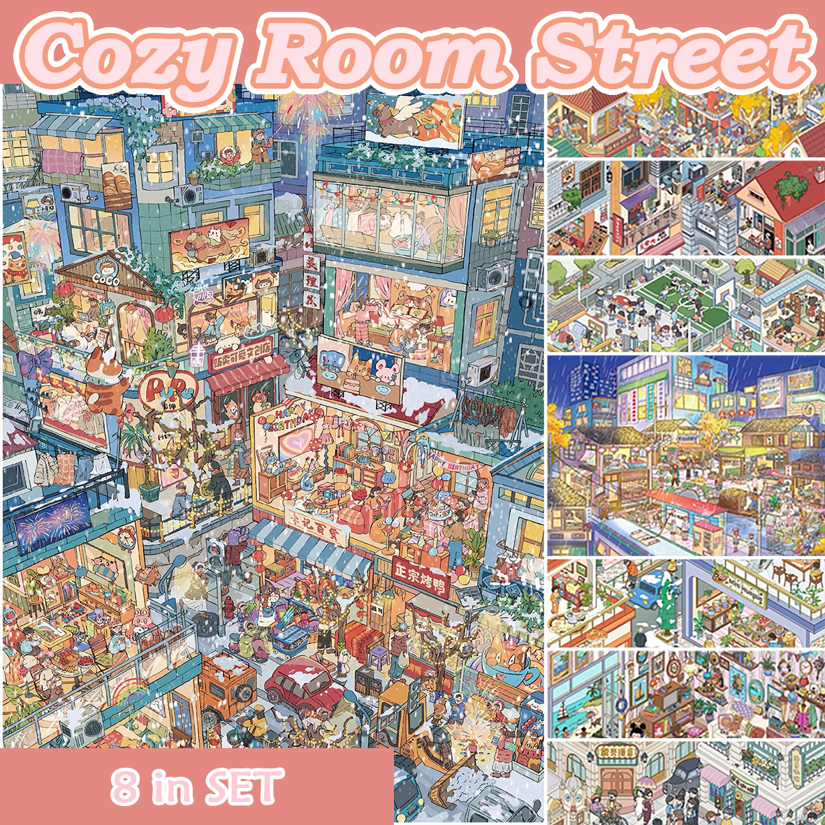 Cozy Room Street DIY 3D Scene Stickers - 8 Cute Miniature Scenes
