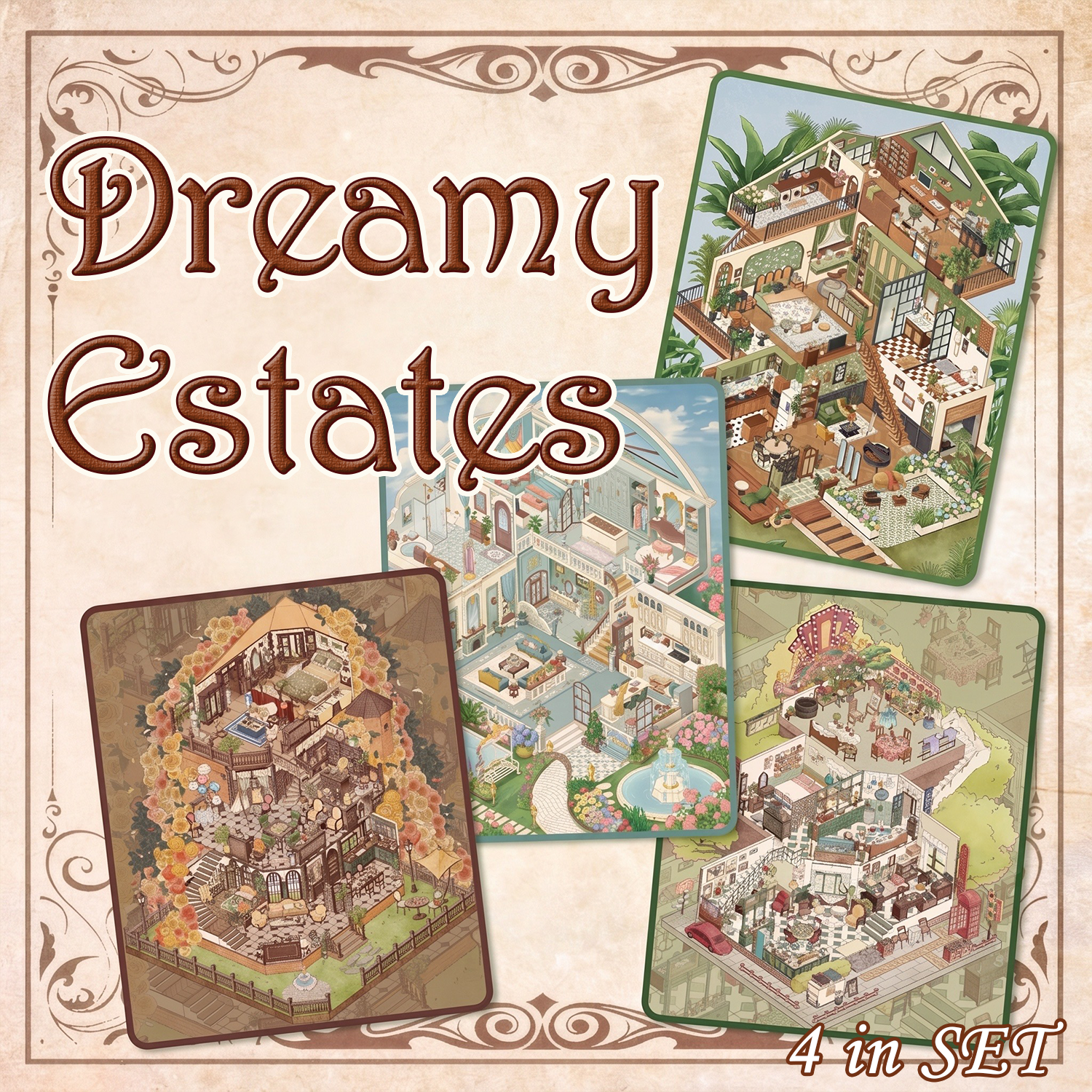 Dreamy Estates DIY 3D Sticker Collection - 4 Cute Miniature Scenes
